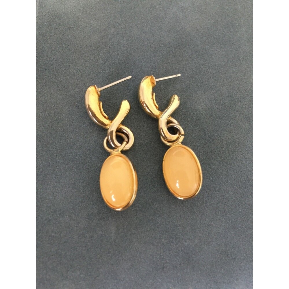 Vintage Gold Tone Criss Cross Dangle Drop Earrings w/ Oval Yellow Lucite Stone